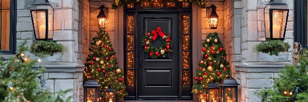 Boże Narodzenie, Choinki, Lampiony, Grafika AI, Drzwi, Dom
