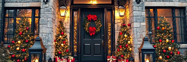 Lampy, Drzwi, Choinki, Grafika AI, Dom, Boże Narodzenie