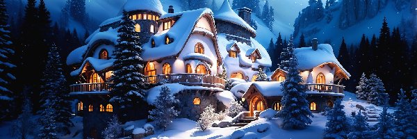 Drzewa, Dom, Oświetlony, Grafika AI, Zima, Góry