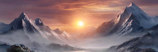 Zima, Mgła, Góry, Grafika AI, Zachód słońca