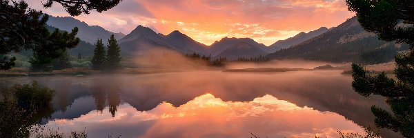 Gałęzie, Góry, Jezioro, Grafika AI, Zachód słońca