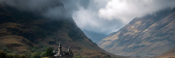 Dolina, Góry, Zamek, Grafika AI, Chmury