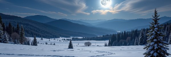 Grafika AI, Drzewa, Lasy, Pole, Zima, Księżyc, Góry