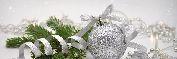 Boże Narodzenie, Wstążka, Gałązka, Tło, Brokat, Bombka
