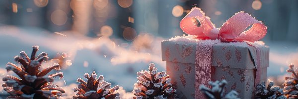 Prezent, Kokarda, Wstążka, Śnieg, Szyszki