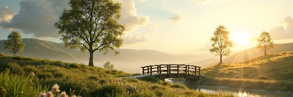 Łąka, Mostek, Rzeka, Zachód słońca, Drzewa
