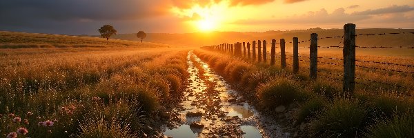 Kałuże, Droga, Ogrodzenie, Zachód słońca, Pole, Łąka