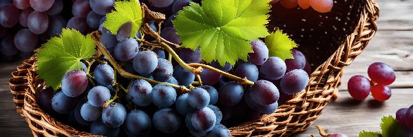 Różowe, Winogrona, Fioletowe, Koszyk, Listki