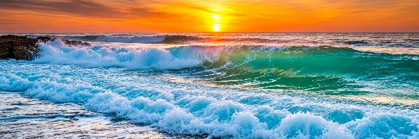 Morze, Grafika AI, Zachód słońca, Fale