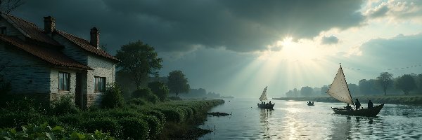Łowienie, Dom, Grafika, Niebo, Łódki, Rybacy, Zachmurzone, Rzeka