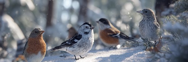 Ptaki, Grafika AI, Zima, Kolorowe