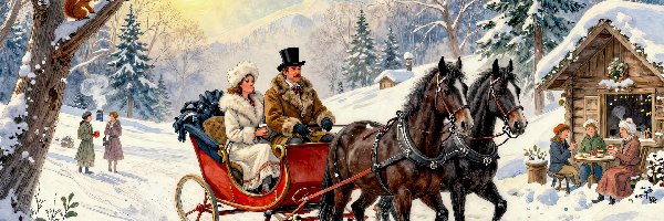 Sanie, Ludzie, Konie, Zima