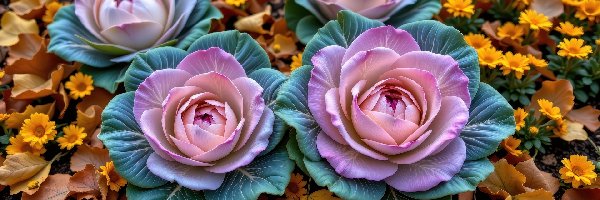 Kapusta ozdobna, Żółte, Kwiaty, AI, Liście