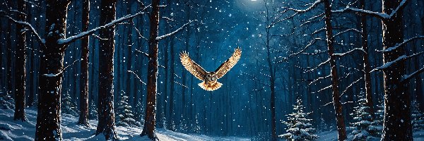 Droga, Las, Sowa, Drzewa, Zima, Księżyc, Noc