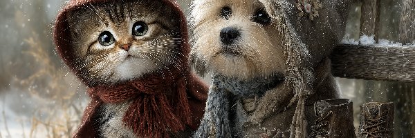 Grafika AI, Ławka, Buty, Pies, Kot, Ubranka, Zima