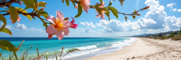 Plaża, Gałązki, Kwiaty, Morze