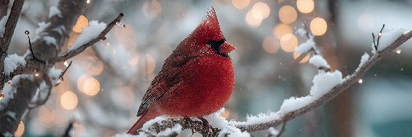 Zima, Kardynał, Gałązka, Grafika AI, Ptak, Czerwony