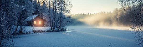 Śnieg, Lód, Mgła, Jezioro, Zima, Dom, Drzewa