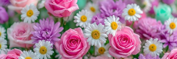 Astry, Róże, Białe, Różowe, Kwiaty, Fioletowe, Stokrotki
