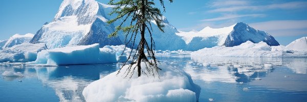 Morze, Grafika, Drzewo, Góry lodowe