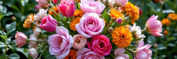 Kwiaty, Tulipany, Róże, Bukiet, Dalie