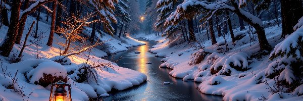 Drzewa, Lampa, Las, Grafika AI, Rzeka, Zima