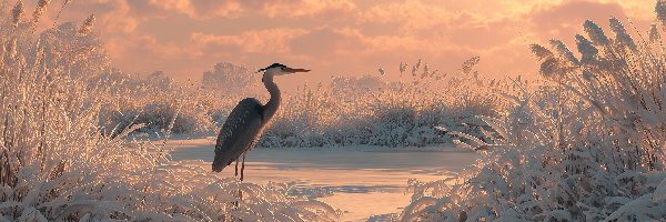 Szuwary, Ośnieżone, Trawy, Grafika AI, Zima, Czapla siwa