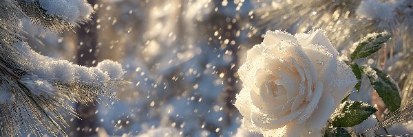 Zima, Śnieg, Gałązki, Grafika AI, Róża, Biała