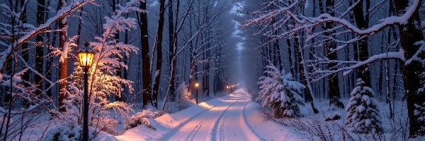 Drzewa, Las, AI, Latarnie, Ośnieżone, Zaśnieżona, Droga, Zima