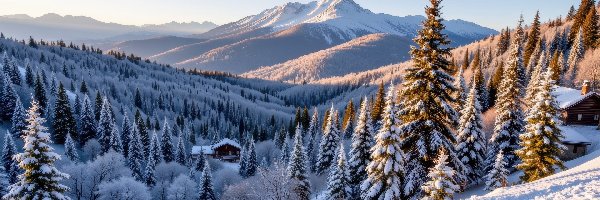 Góry, Ośnieżone, Drzewa, Las, Zima, Śnieg, Domy