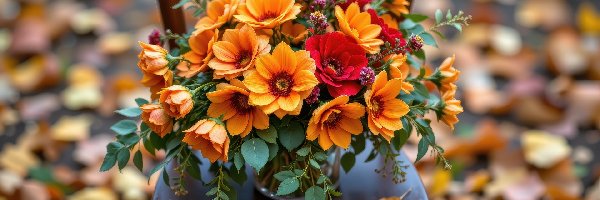 Kwiaty, Liście, Krzesło, Bukiet