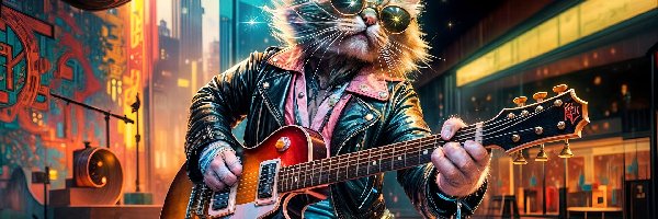 Kurtka, Gitara, Skórzana, Grafika, Okulary, Kot
