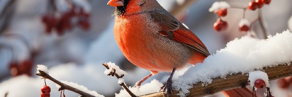 Czerwone, Śnieg, Gałązki, Owoce, Kardynał szkarłatny, Ptak
