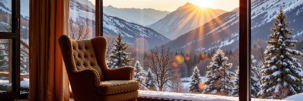 Grafika AI, Okno, Zima, Fotel, Pokój, Słońce, Góry