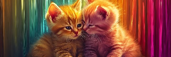 Dwa, Koty, Małe, Kolorowe tło, Serduszko