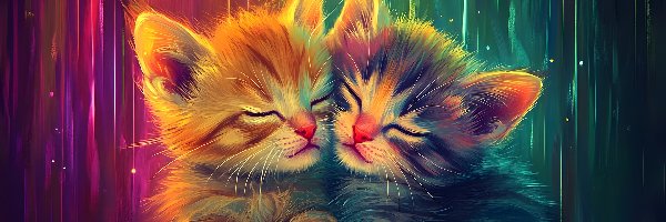 Serce, Małe, Koty, Kolorowe tło, Śpiące, Dwa