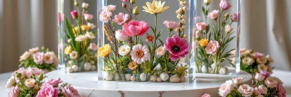 Podium, Kwiaty, Kolorowe, Wazony, Bukiety