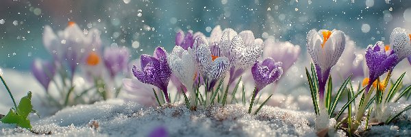 Grafika AI, Krokusy, Kwiaty, Białe, Fioletowe, Zima, Śnieg