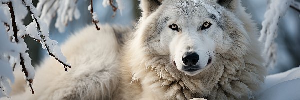 Gałązki, Wilk, Śnieg, Grafika AI, Leżący, Zima