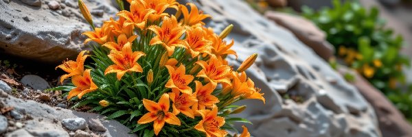 Kwiaty, Lilie, Pomarańczowe, Grafika AI, Skały