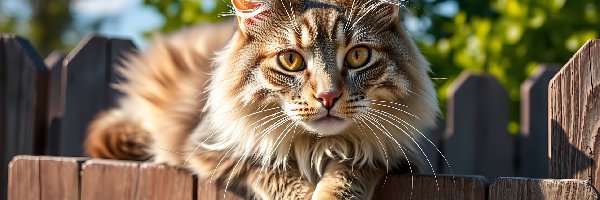 Długowłosy, Drewniany, Kot, Grafika AI, Płot