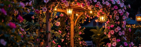 Kwiaty, Ogrodowa, Różowe, Latarnie, Pergola, Ogród