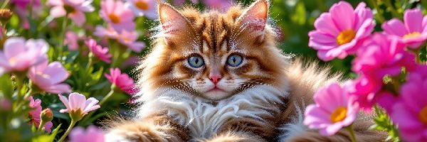 Puszysty, Różowe, Kwiaty, Kot