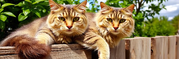 Niebo, Płot, Zieleń, Grafika AI, Koty, Dwa