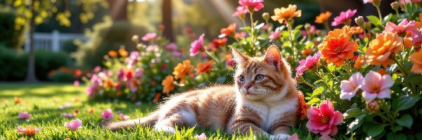 Promienie słońca, Ogród, Kolorowe, Kot, Leżący, Trawa, Kwiaty