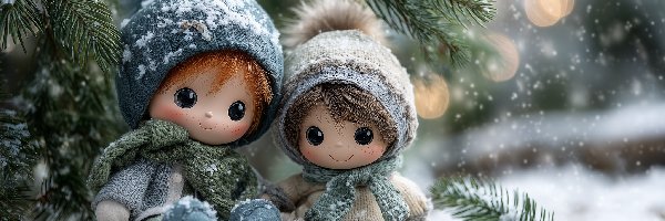 Zima, Iglaste, Gałązki, Grafika AI, Śnieg, Lalki