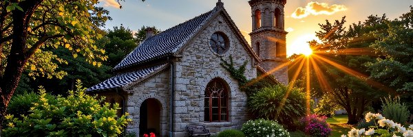 Kościół, Drzewa, Kwiaty, Grafika AI, Promienie słońca