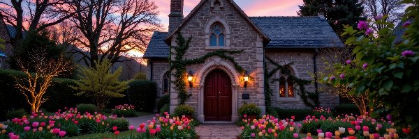 Tulipany, Drzewa, Ścieżka, Kościół