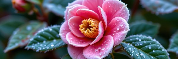Różowy, Kamelia, Kwiat, Krople, Listki