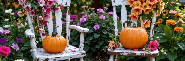 Krzesła, Kwiaty, Dynie, Dwa